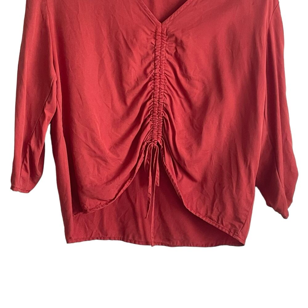 Blue Rain Women‎ Top L Orange Tencel 3/4 Ruched Tie Front and Sleeve Boho Indie - Picture 7 of 10